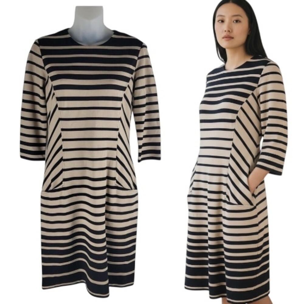 J Mclaughlin 3/4 Sleeve Sheath Dress Striped Pockets Crew Neck Size XS